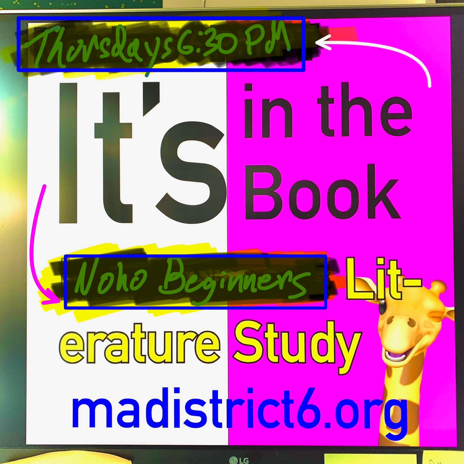 It's in the Book — NoHo Beginners Literature Study Flyer